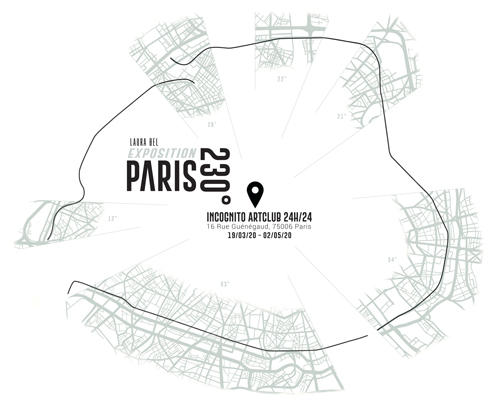 carton d'invitation représentant la ville de Paris stylisée pour annoncer la première exposition personnelle de Laura Bel