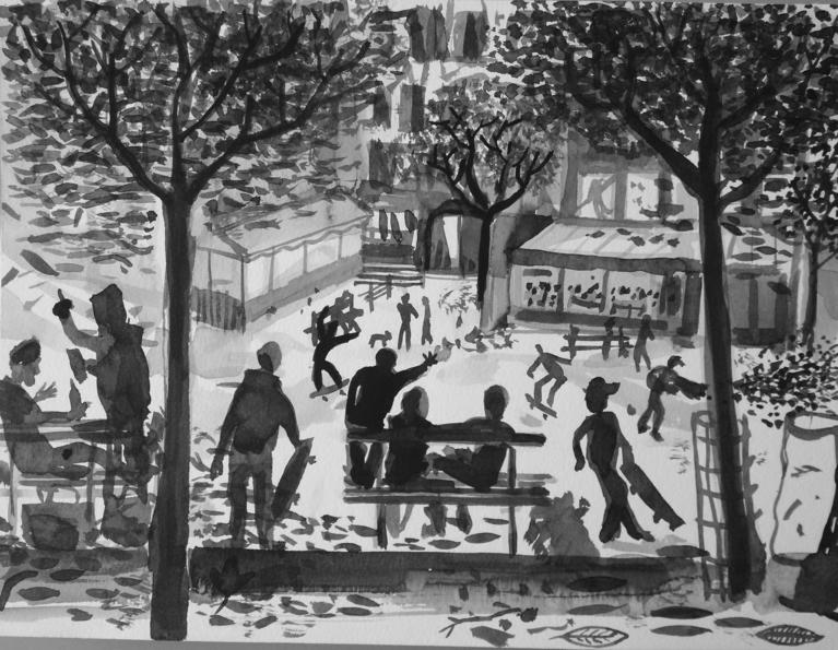 Pierre Mabille, Paysages d'automne avec skaters,  2019, lavis d'encre sur papier, 24 x 32 cm