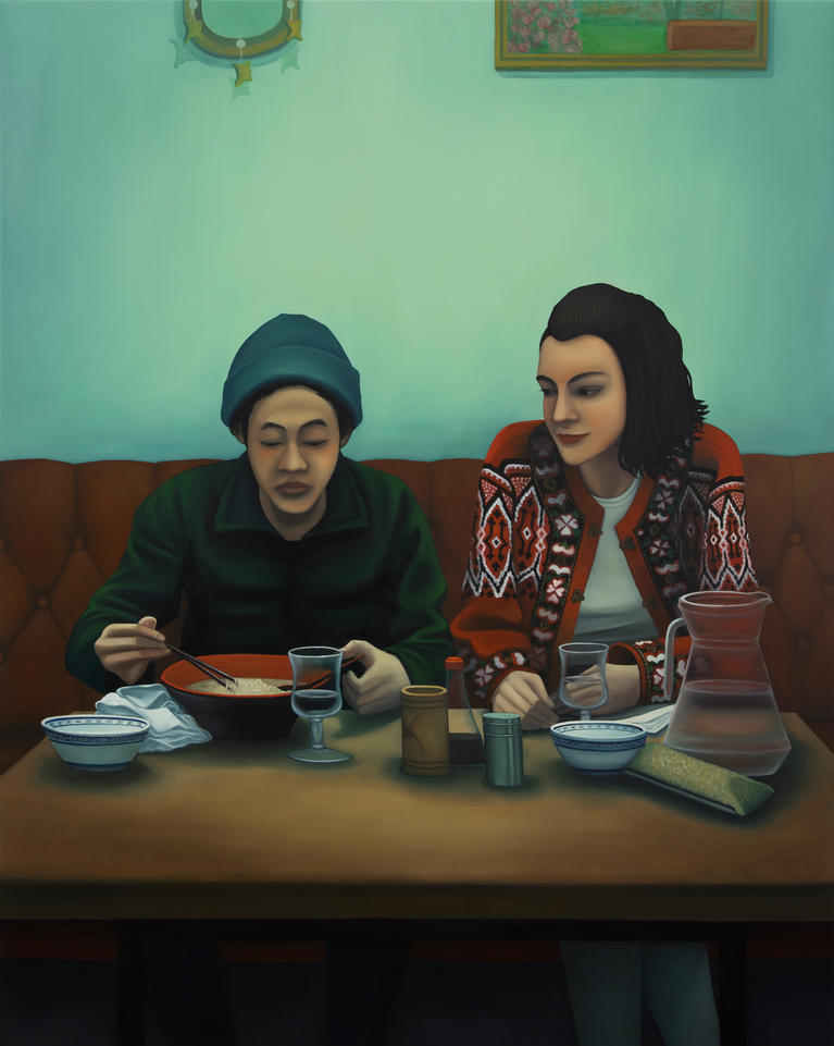 Dorian Cohen, Le restaurant de sushis, huile sur toile, 130 x 162 cm, 2020, crédit photo Suzan Brun