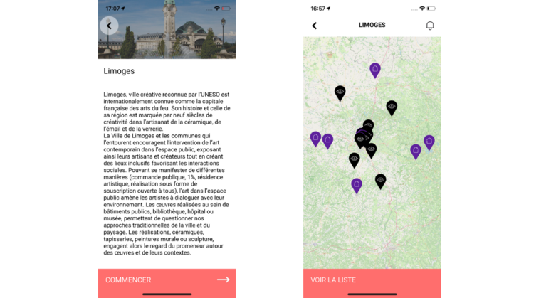 Vue de l'application : introduction et carte interactive sur le parcours Près de Limoges 