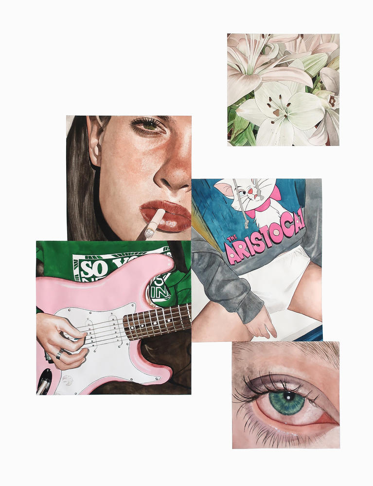 Aquarelle représentant 4 images, en haut à gauche une femme fumant une cigarette, une guitare électrique, une fleur de lys, un corps de femme arborant un teeshirt "Aristochats", des yeux bleus