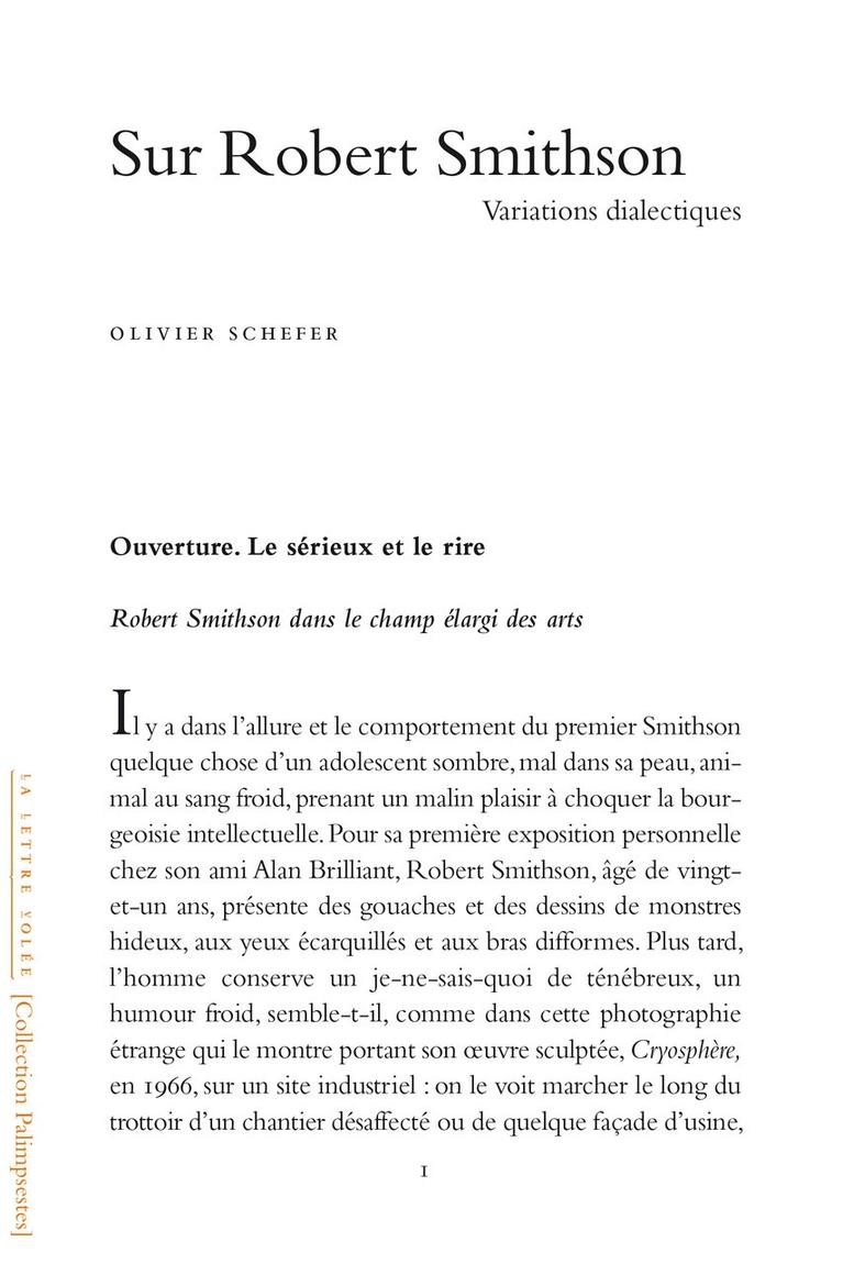 « Sur Robert Smithson. Variations dialectiques » d’Olivier Schefer publié par La Lettre volée
