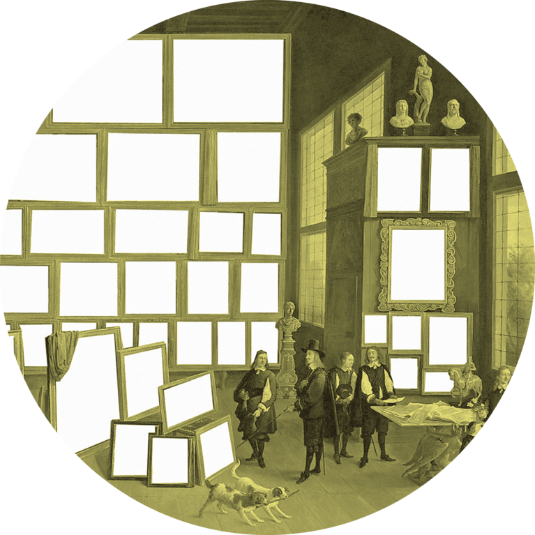 Vue du tableau de la galerie de Leopold-Guillaume à Bruxelles peint par David Tenier et dont les tableaux ont été effacés dans un montage de l'artiste Perrine Lacroix