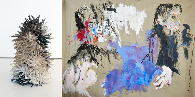 India Leire, Abyss, 2020, Faïence fumée, 46 x 21 x 21 cm & Elias Loudiyi, Moss, Fusain, acrylique et pastel gras, 150 x 200 cm