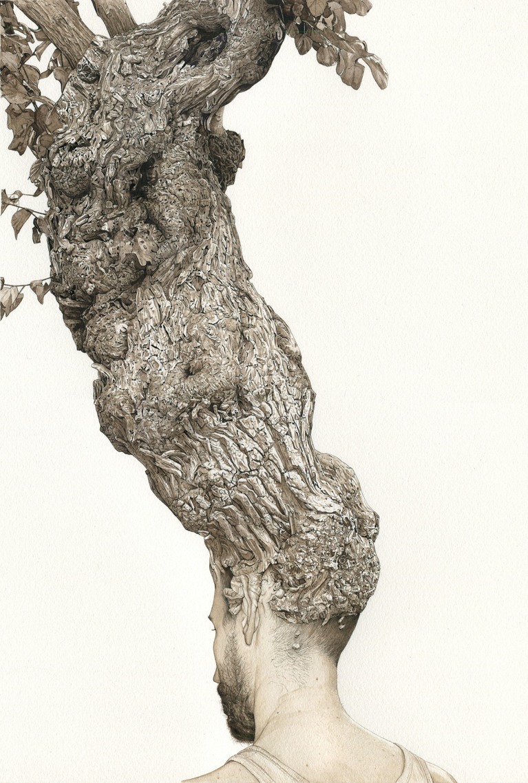 Dessin représentant la tête de l'artiste de dos, fusionnant avec un arbre