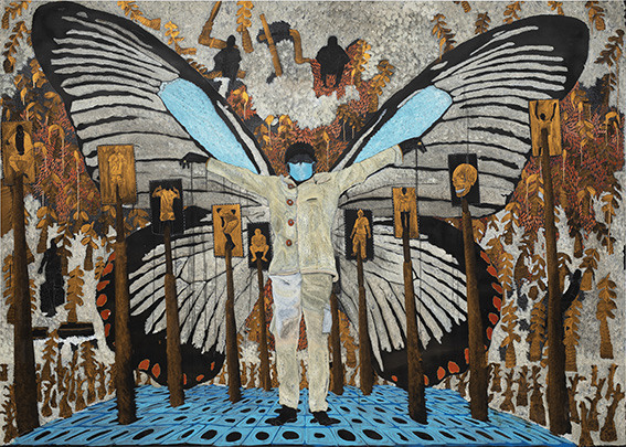 Omar Ba, Dispersion devant l’impasse, 2021 | 200 × 280 cm - Acrylique, crayon, huile, encre de Chine et stylo Bic sur toile