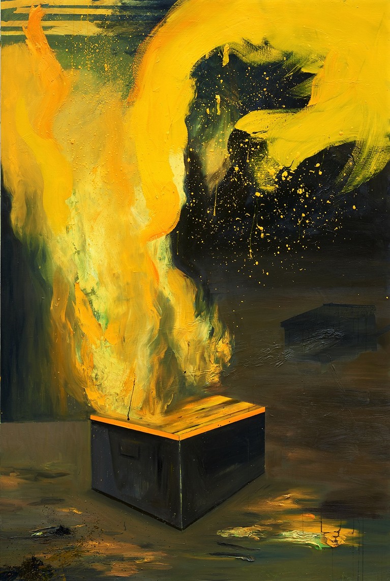 Peinture à l'huile figurant une boîte dont s'échappe une tornade de feu - bouillonnement de jaune