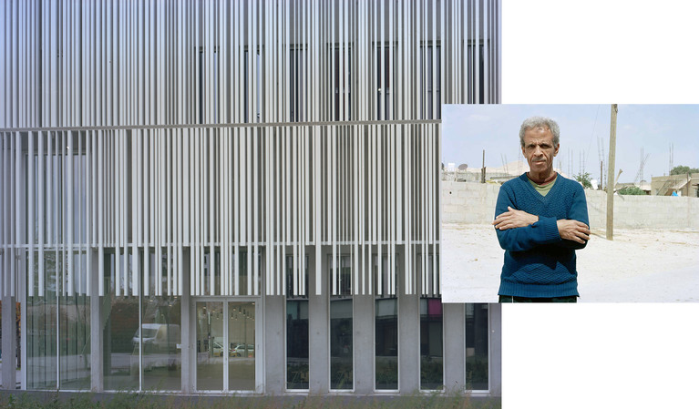 montage de deux photographies de Valérie Jouve, une d'architecture tiré de la série "Les Façades" et une autre un portrait d'un homme, tiré de la série "Les personnages"