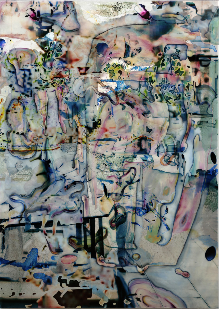 Mikaël Monchicourt, Système #2, 2022 (Encre, pigments, peinture à l’huile, Rhodoïd imprimé et résine sur aluminium, 200 x 142 cm)