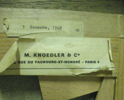 Détail des étiquettes collées sur le châssis, au revers de l’œuvre de Bram van Velde, PSD 111.